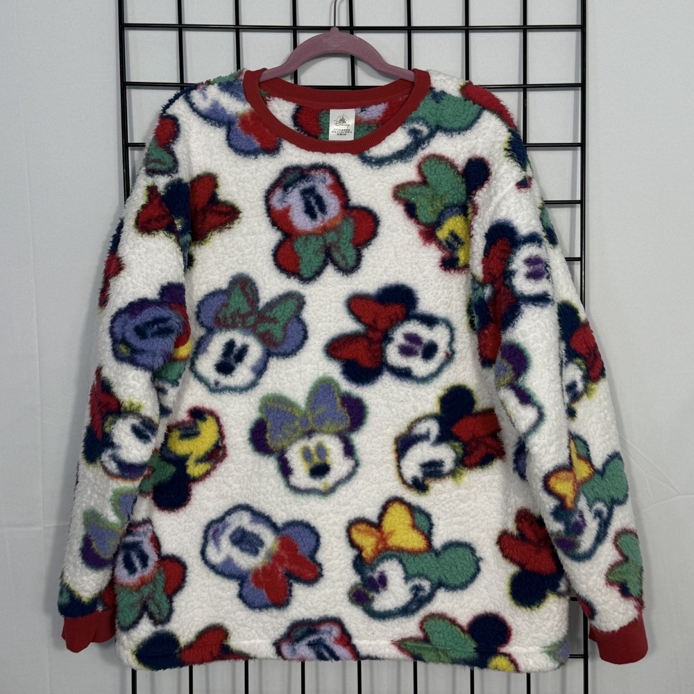 Disney Minnie Mouse Fleece Sweater Womens XL Multi AOP Baggy Crewneck Pullover